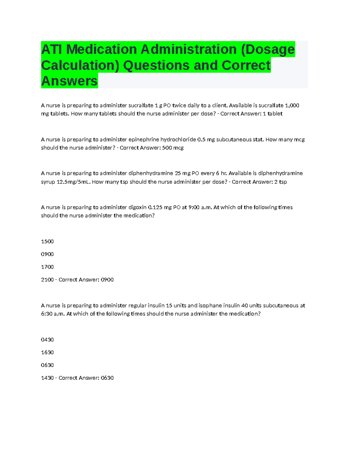 ATI Medication Administration Dosage Calculation Q&A Guide - Studocu