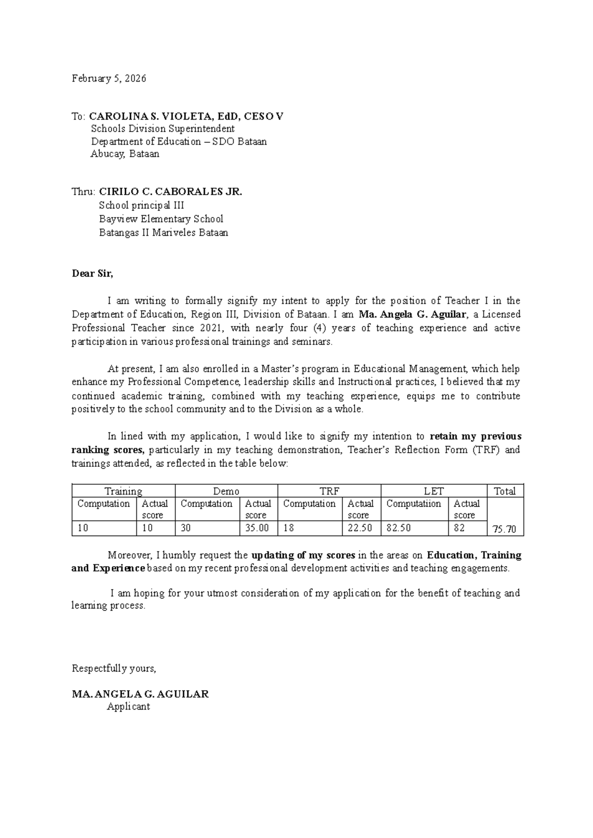 Letter of Intent for Teacher I Position - 2026 - Studocu