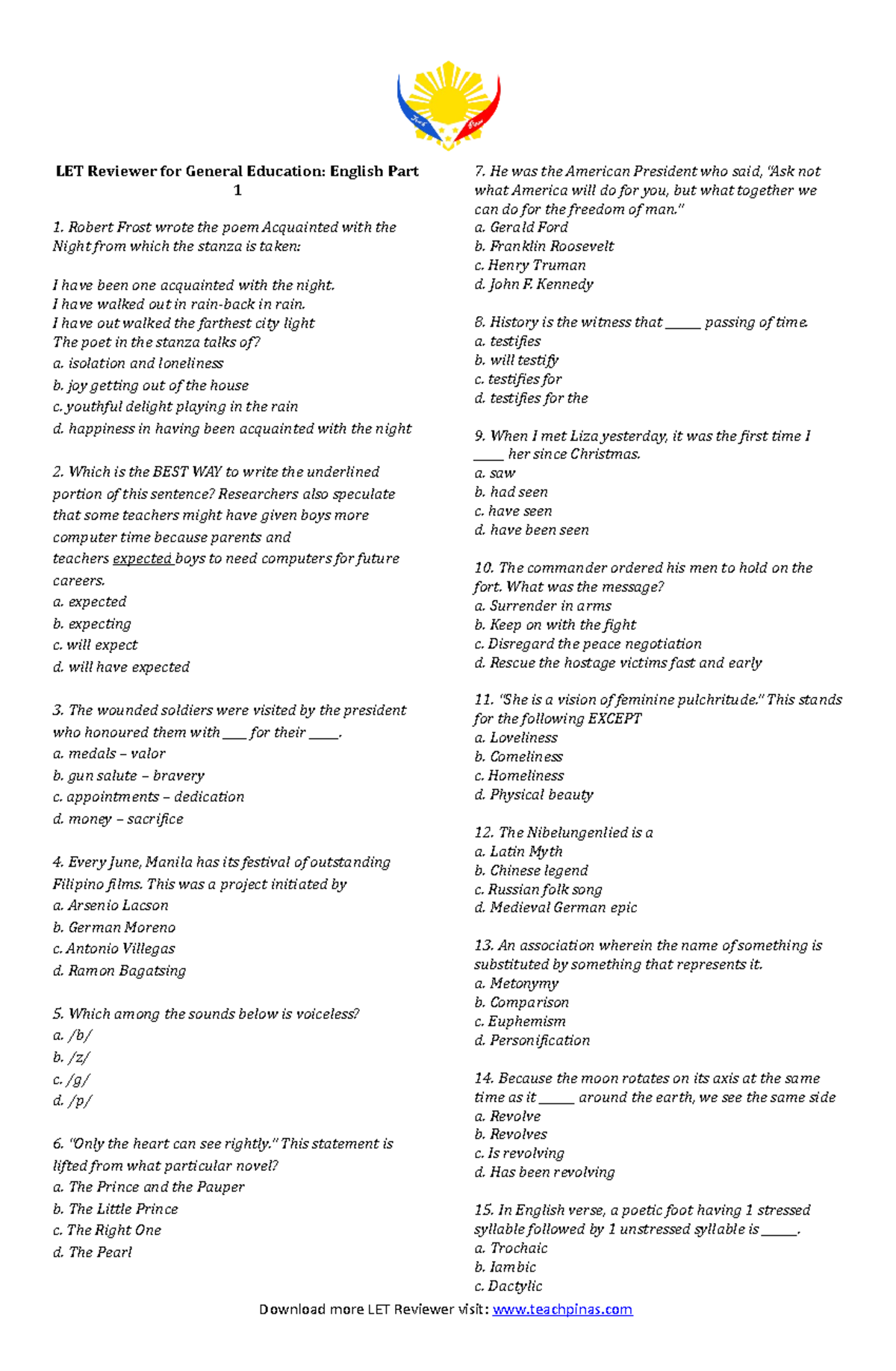 LET Reviewer: General Education English Major Practice Questions - Studocu