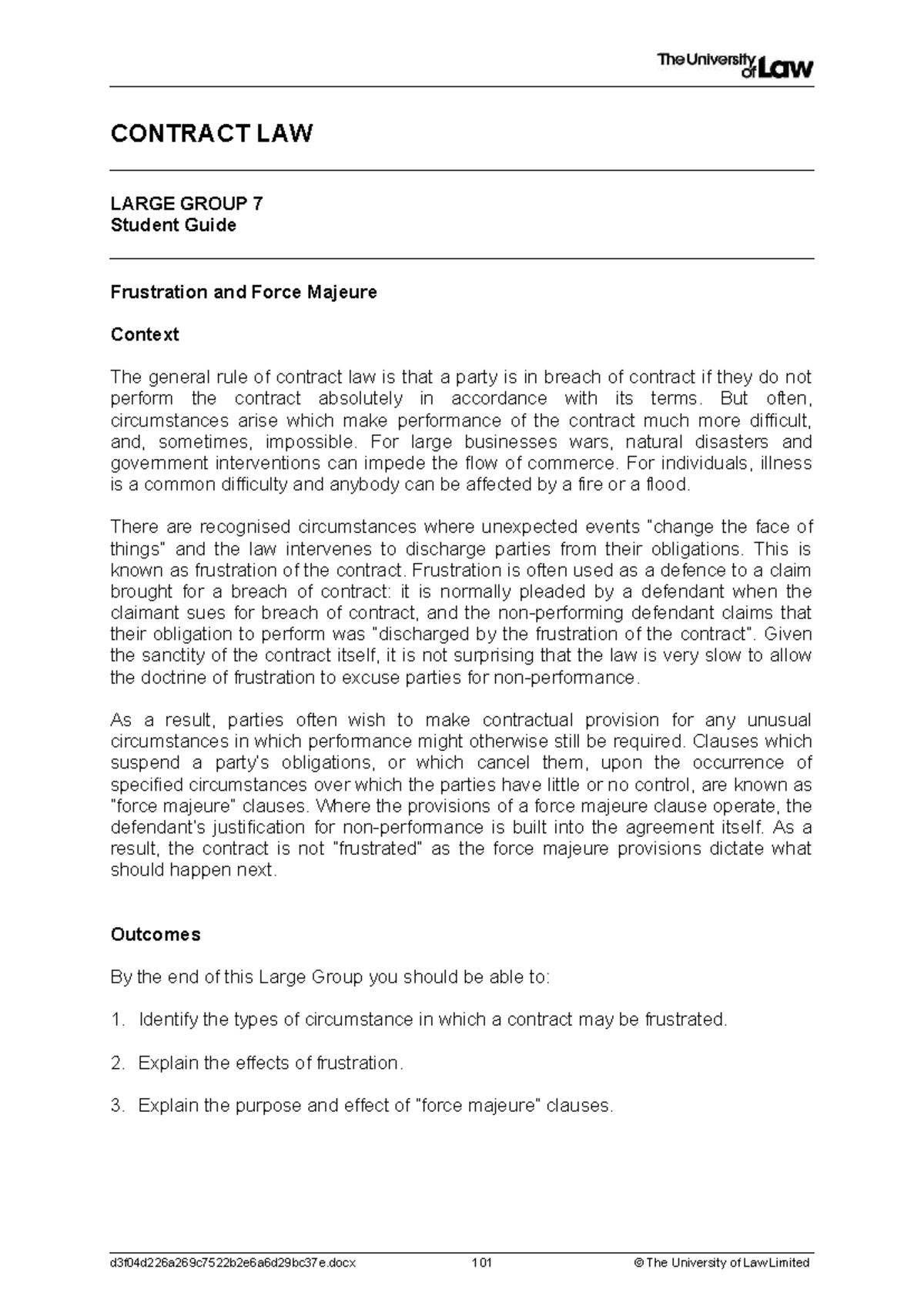 CONTRACT LAW LG07 CE01 Student Guide: Frustration & Force Majeure - Studocu