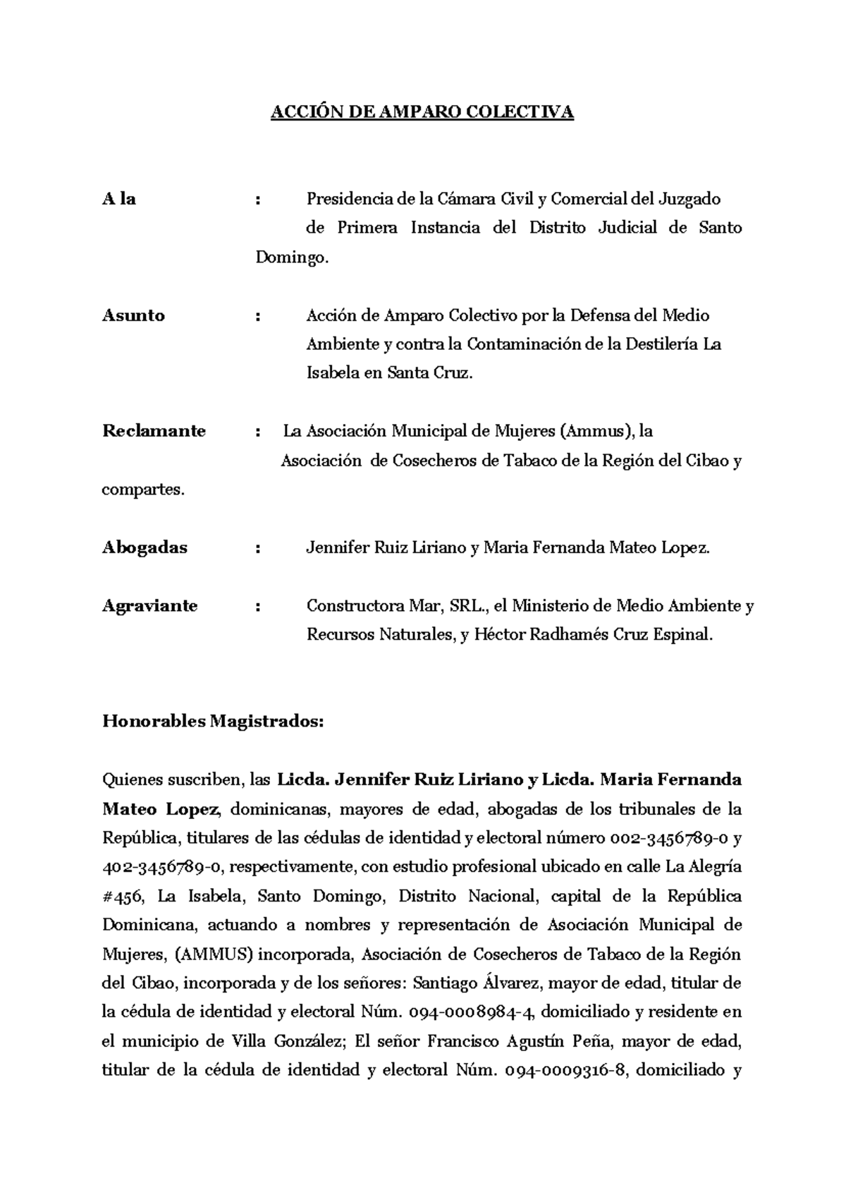 Acción de Amparo Colectiva (Ambiental Final) - Protección del Medio Ambiente - Document Preview