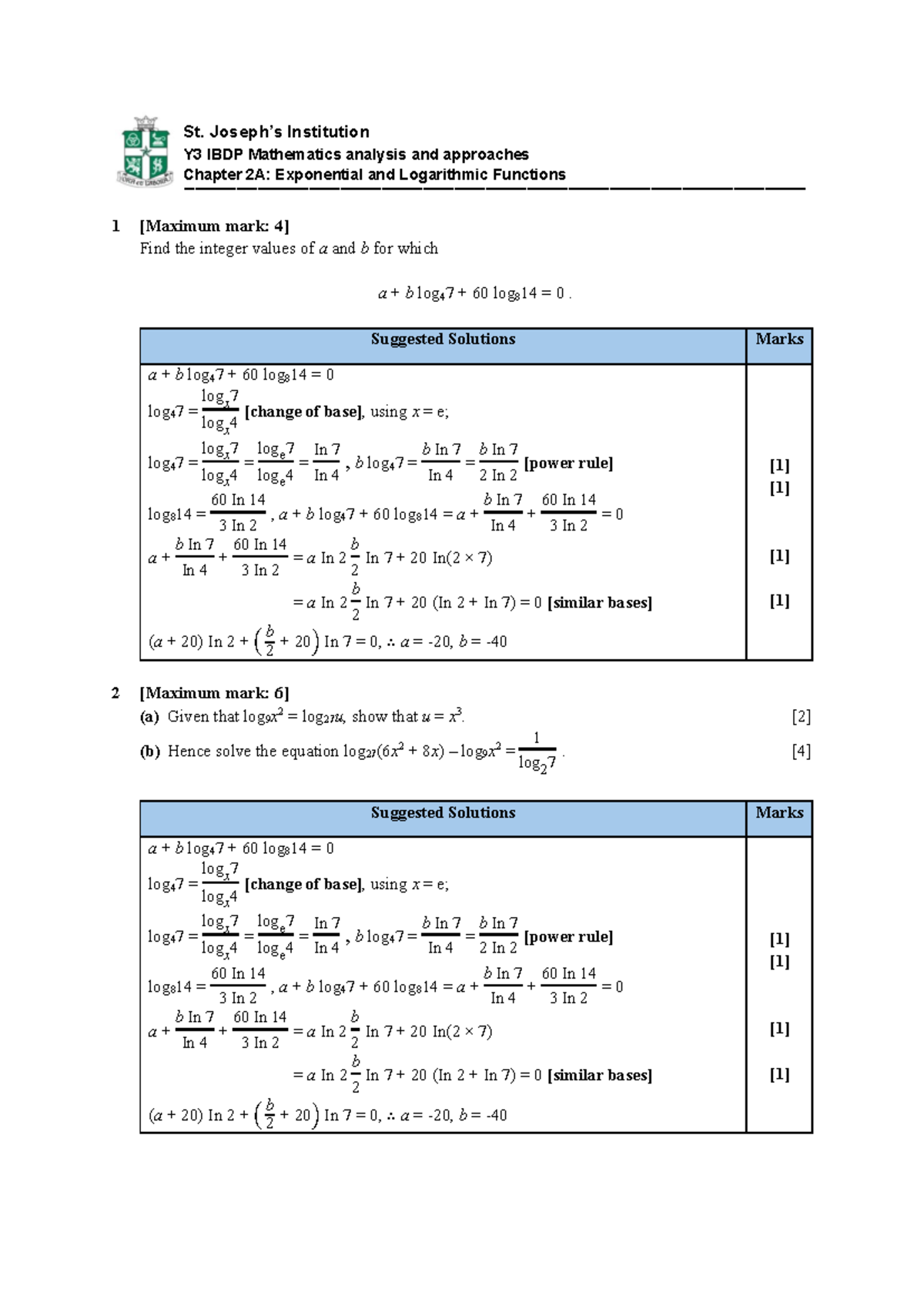 Y3 IBDP Math Analysis & Approaches: Chapter 2A Solutions - Studocu
