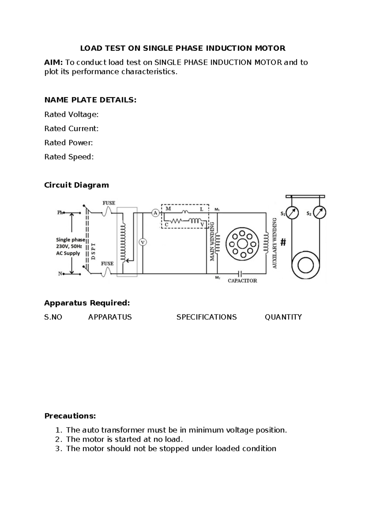 Load Test Procedure and Analysis for Single Phase Induction Motor - Studocu