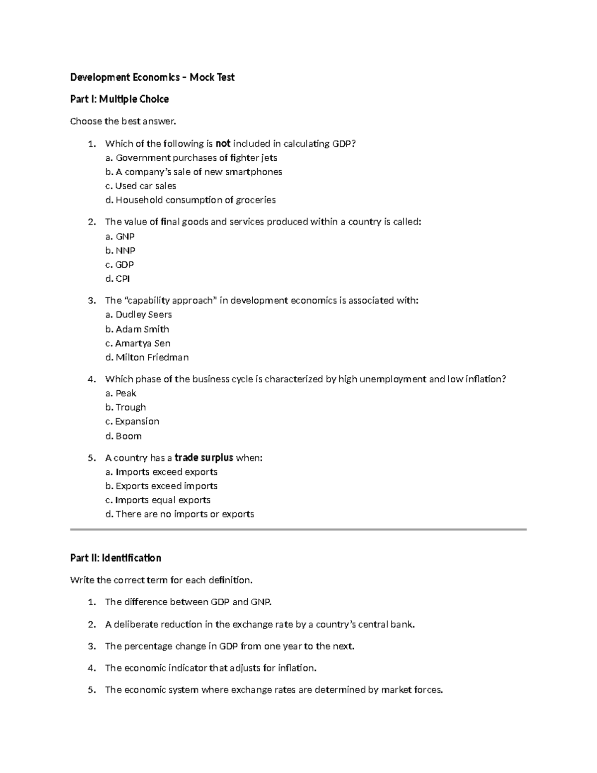 Development Economics Mock Test I: MCQs, Identifications & Short ...