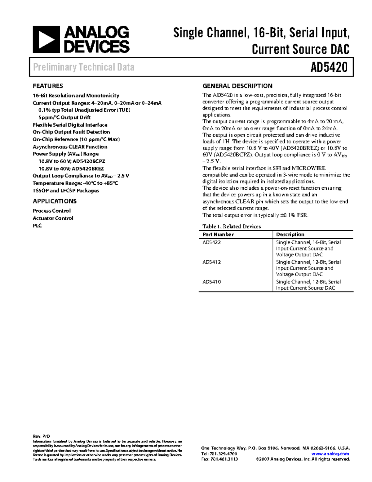AD5420 Preliminary Technical Data for Current Source DAC - Studocu