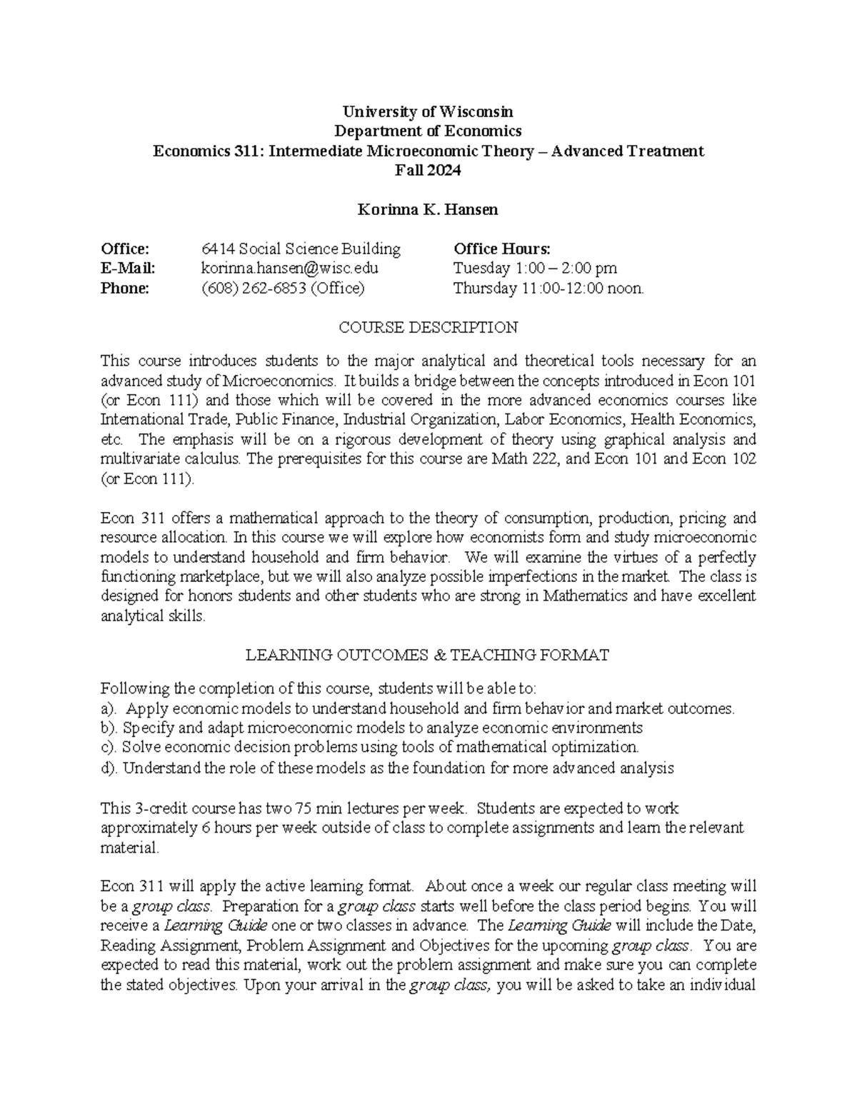 Econ 311 - Intermediate Microeconomic Theory Syllabus - Fall 2024 - Studocu