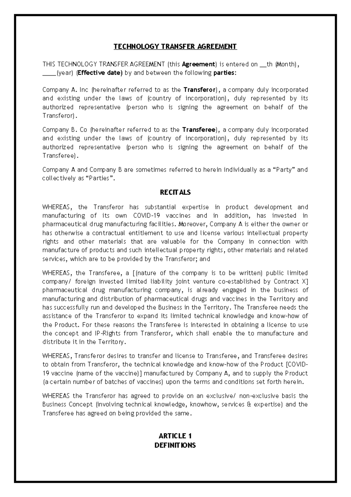 Technology Transfer Agreement: Key Terms and Conditions - Studocu