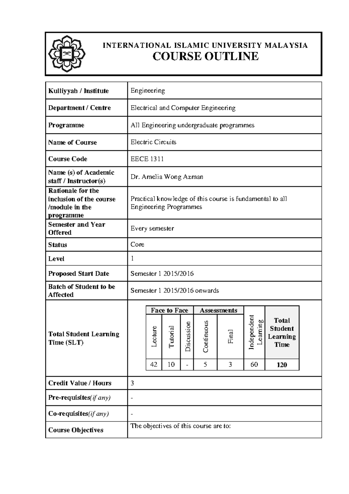 EECE 1311 course outline - INTERNATIONAL ISLAMIC UNIVERSITY MALAYSIA ...