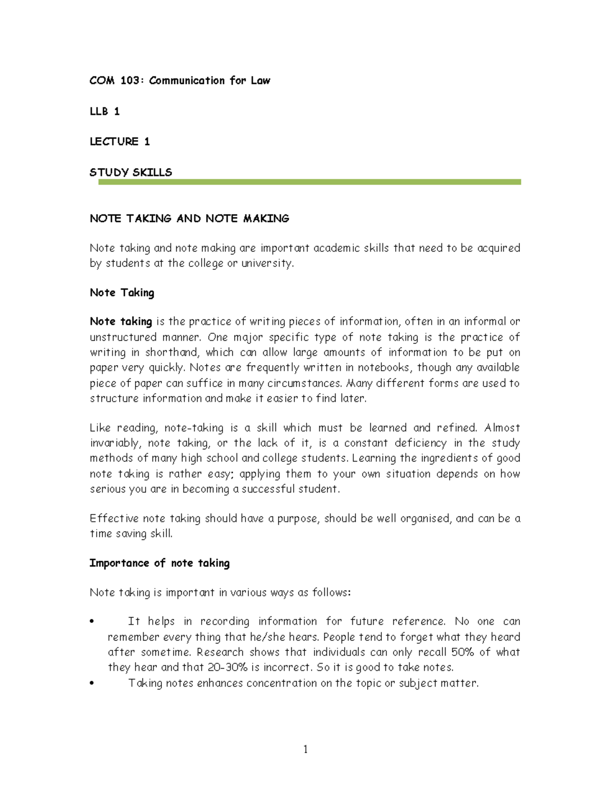 COM 103: Communication for Law - Lecture on Effective Note-Taking ...
