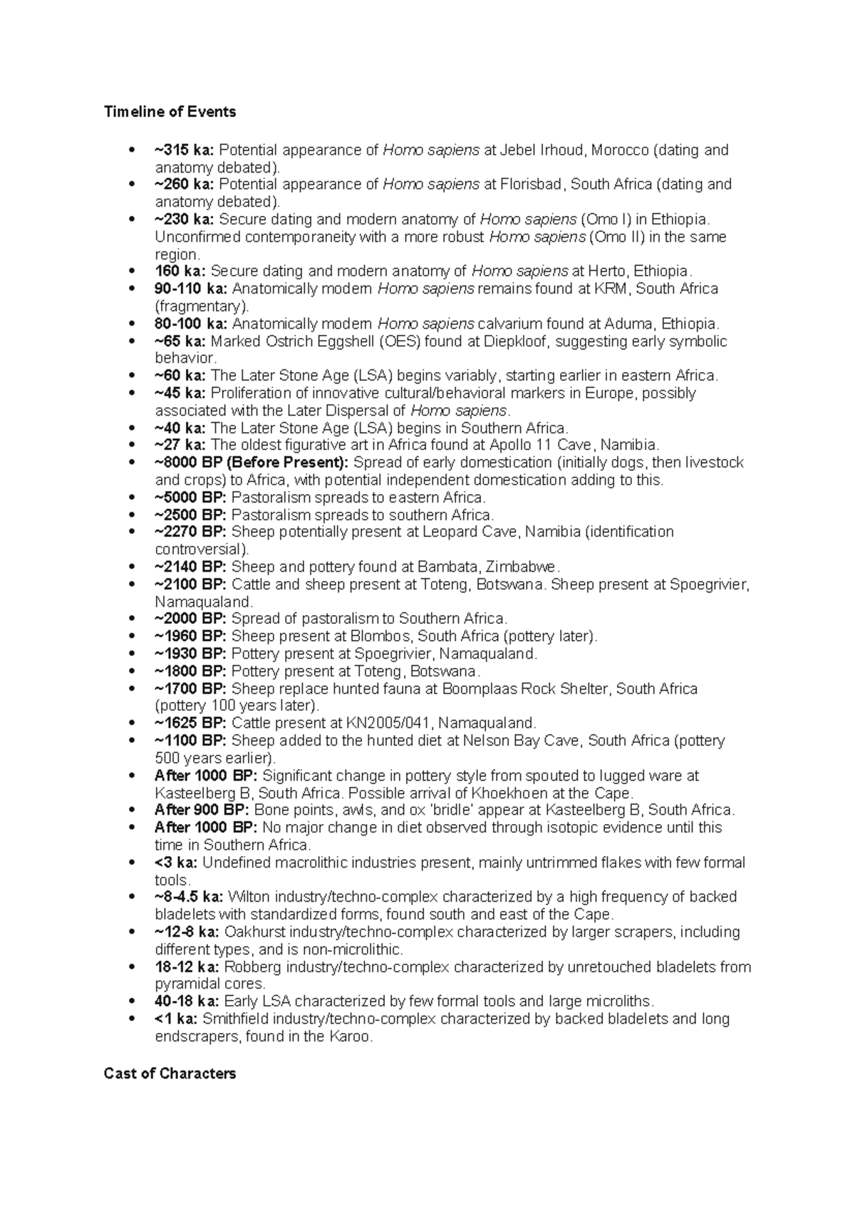 Timeline of Key Events in Human Evolution and Culture (Semester 1 ...