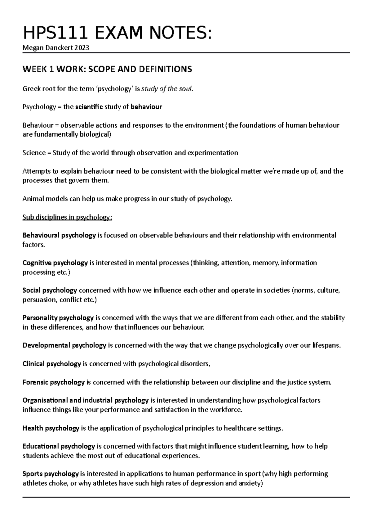 HPS111 Final Exam Notes: Key Concepts in Psychology and Neuroanatomy ...