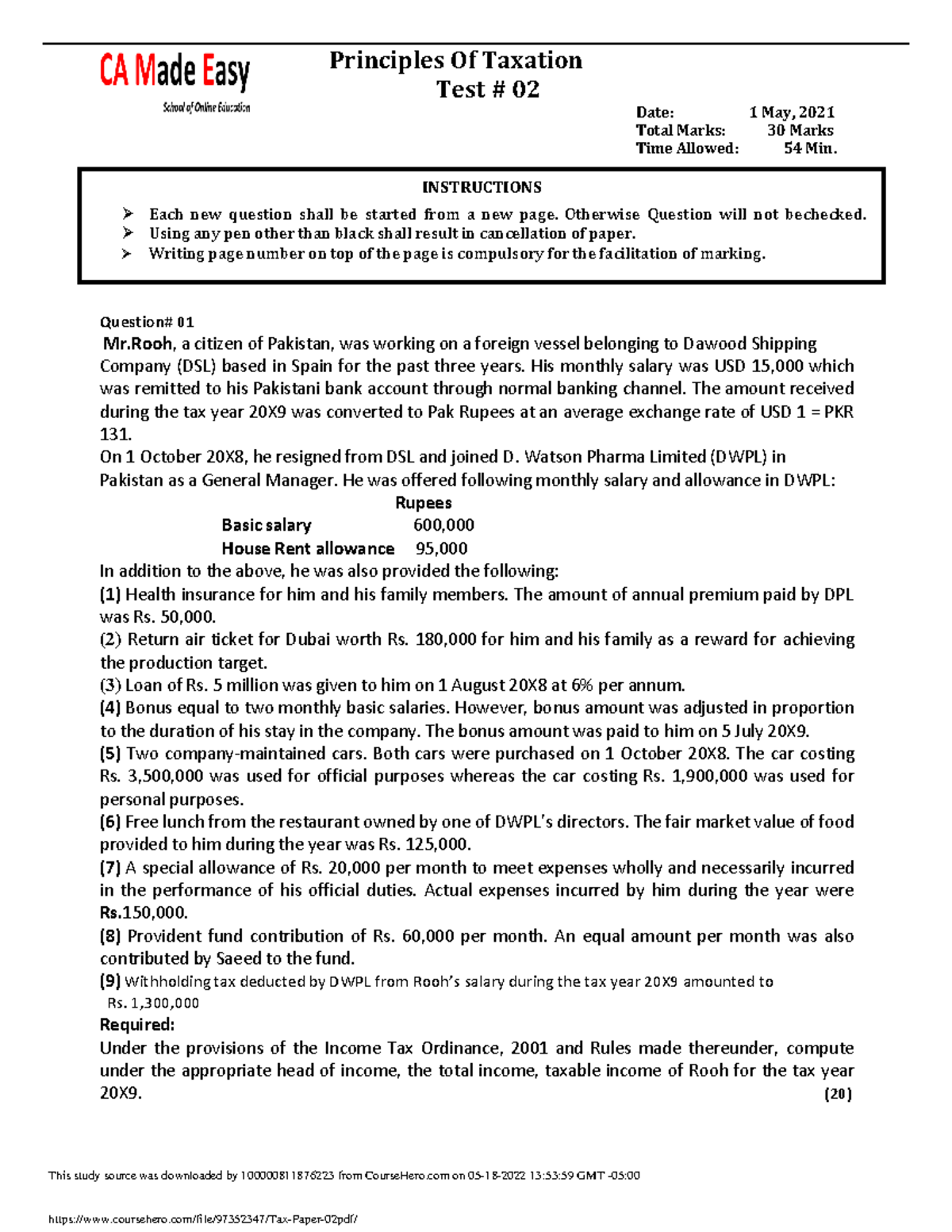 Tax Paper 02 - this is a tax assignment for practice - Principles Of ...