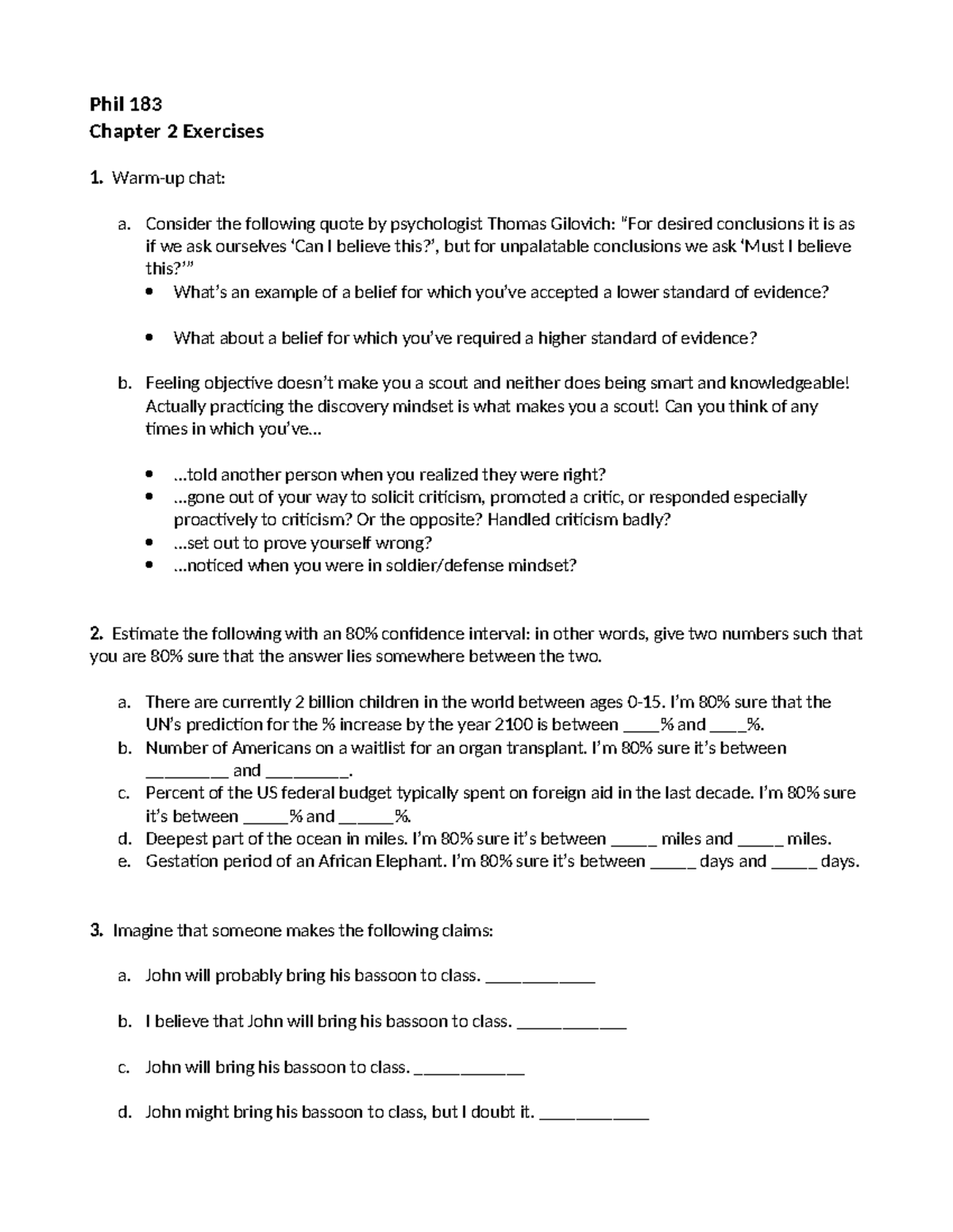 Phil 183 Chapter 2 Exercises: Discussion & Estimation Tasks - Studocu