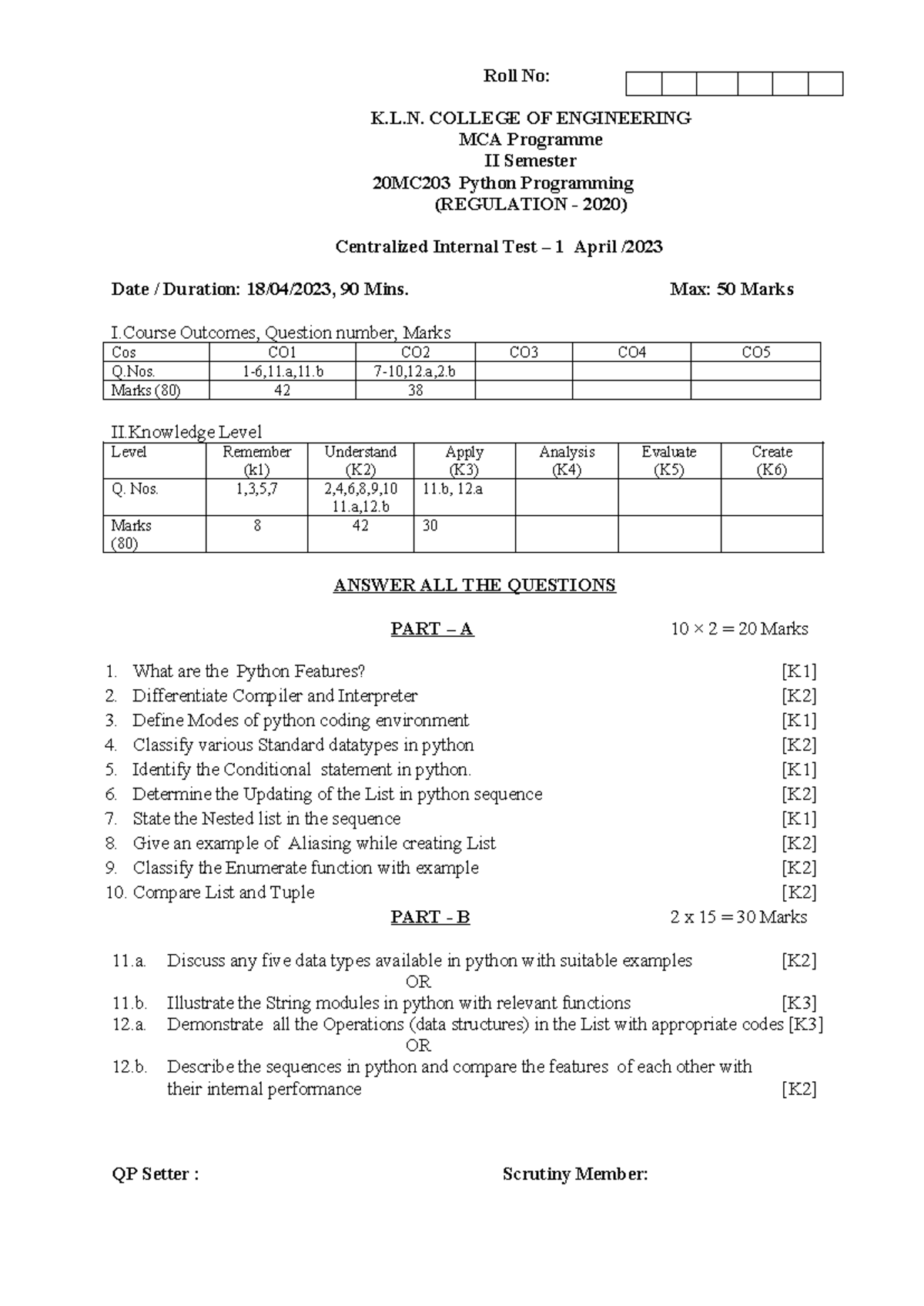 MCA II Sem 20MC203 Python Programming Internal Test 1 QP - Studocu