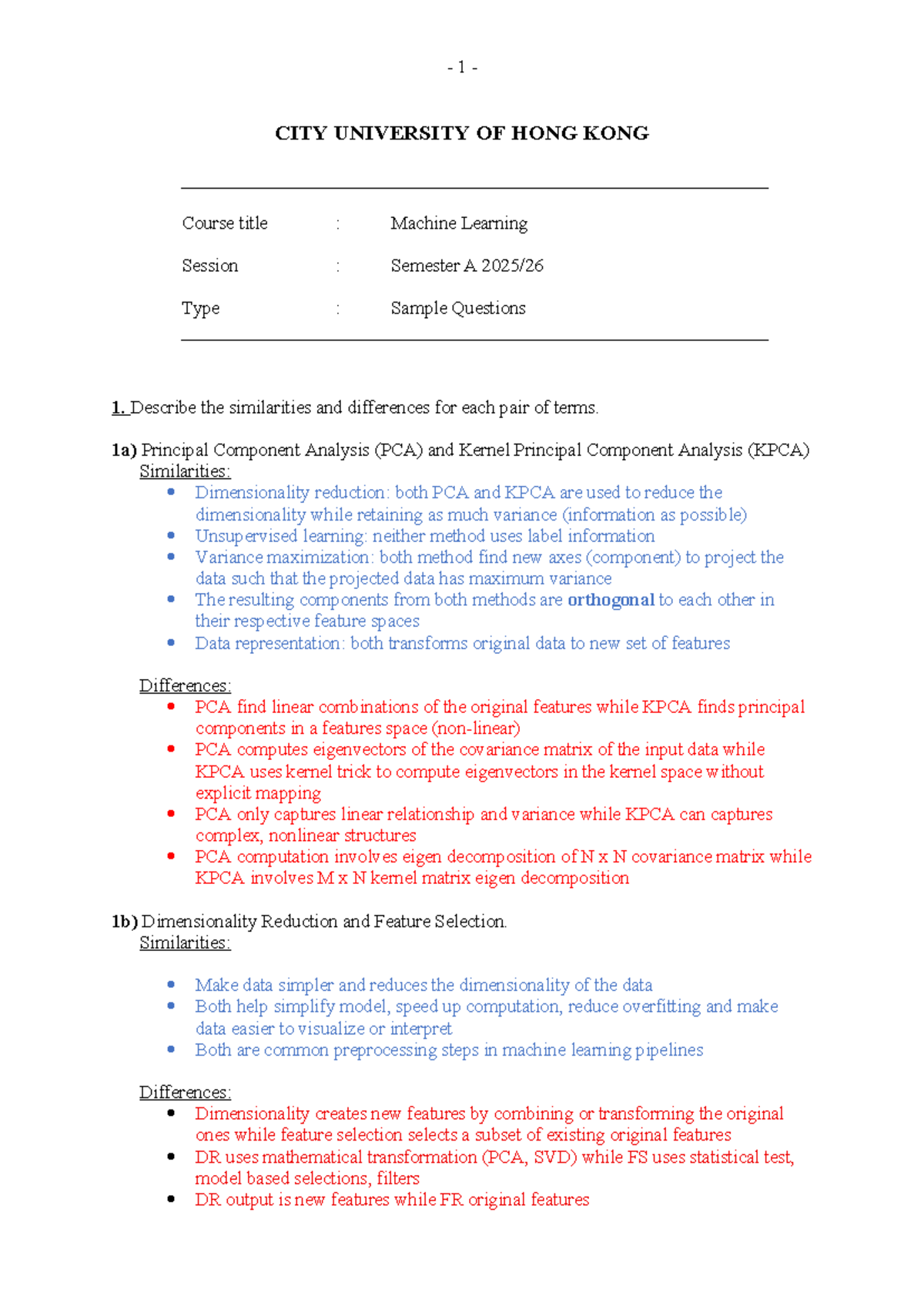 Machine Learning (CS2025) Sample Final Exam Questions - Studocu