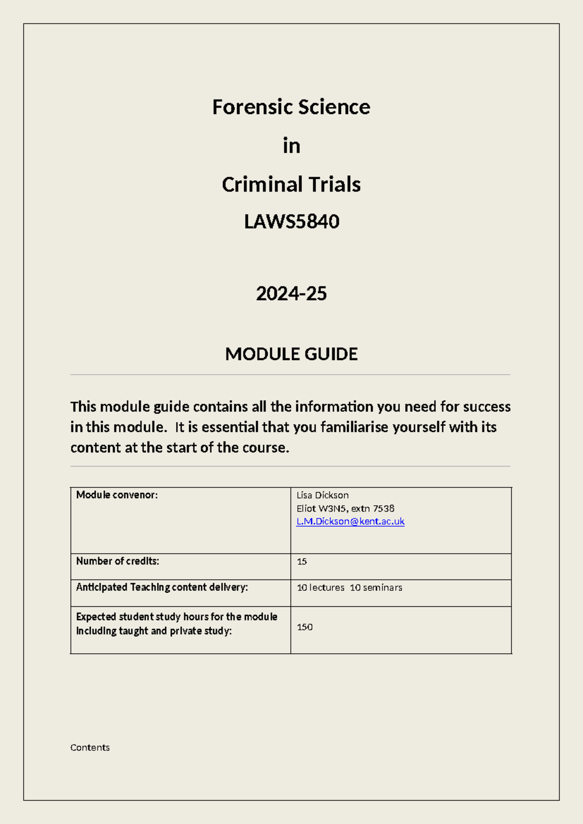LW584 Forensic Science in Criminal Trials Module Guide 2024-2025 - Studocu