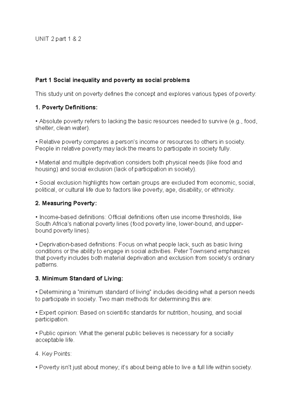 UNIT 2: Social Inequality & Poverty - Key Concepts & Theories - Studocu