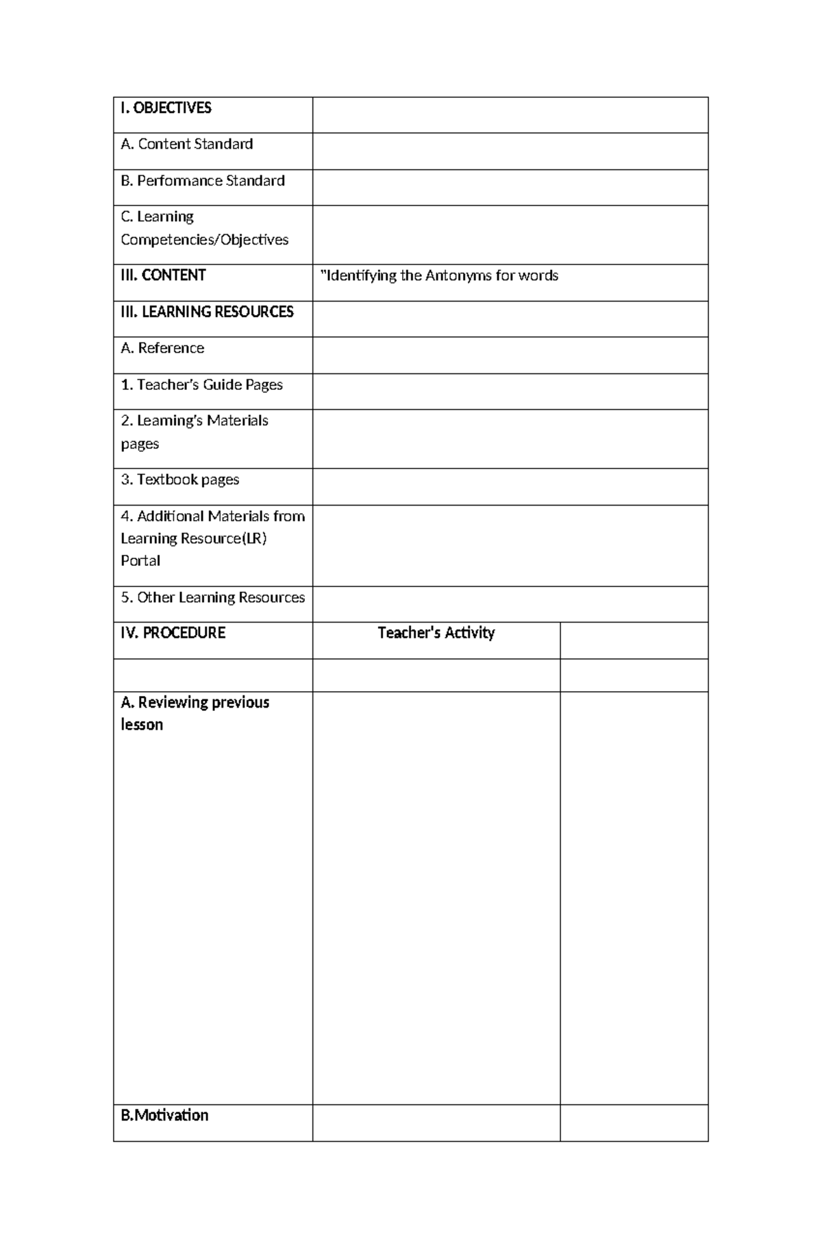 MATATAG Lesson Plan: Teaching Antonyms and Learning Resources - Studocu