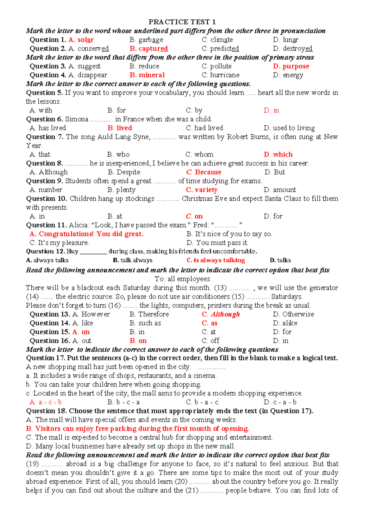 PRACTICE TEST 1: Pronunciation & Stress Questions - Studocu