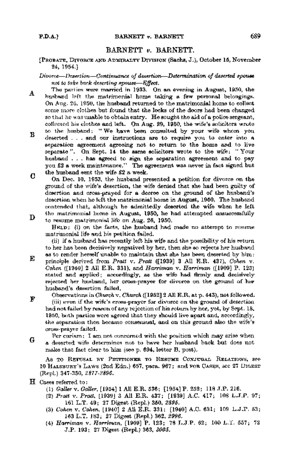 BARNETT v. BARNETT: Divorce and Desertion Case Analysis (1954) - Studocu