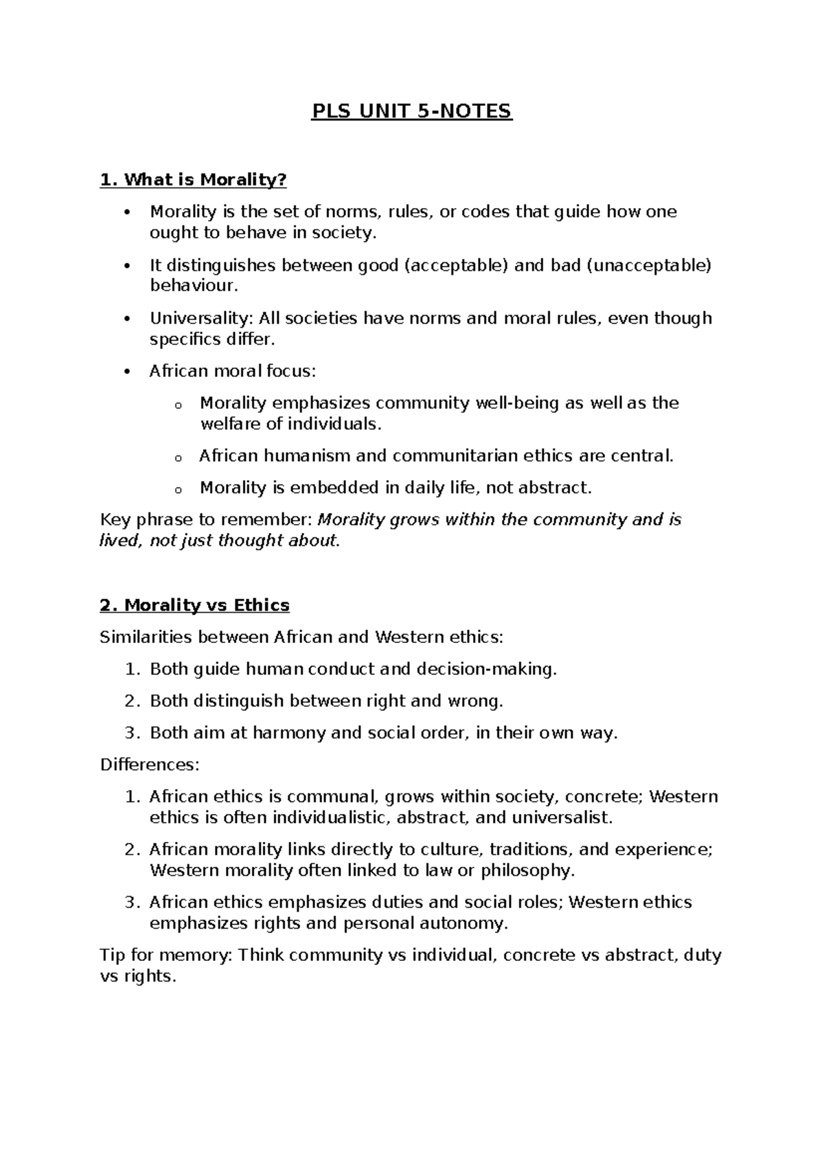 PLS UNIT 1 - Understanding Morality: African vs Western Perspectives ...