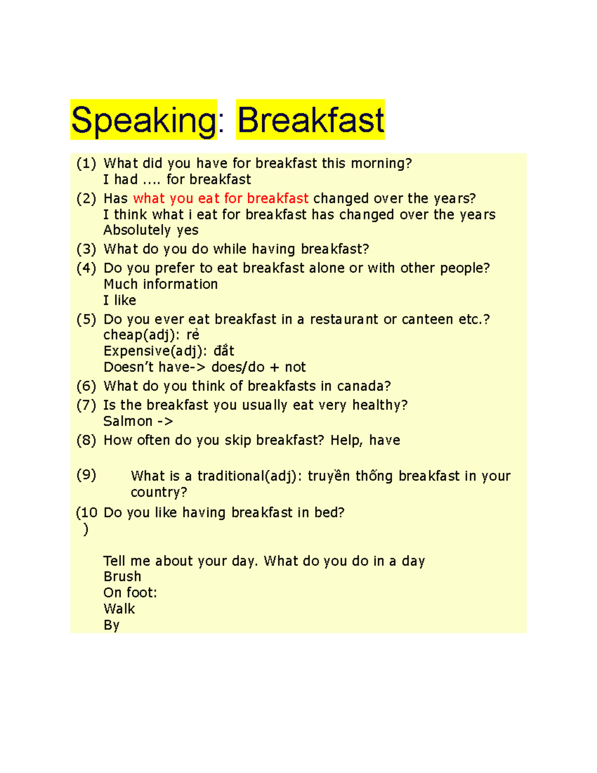 Speaking Exercises: Breakfast Discussion and Related Grammar Tips - Studocu