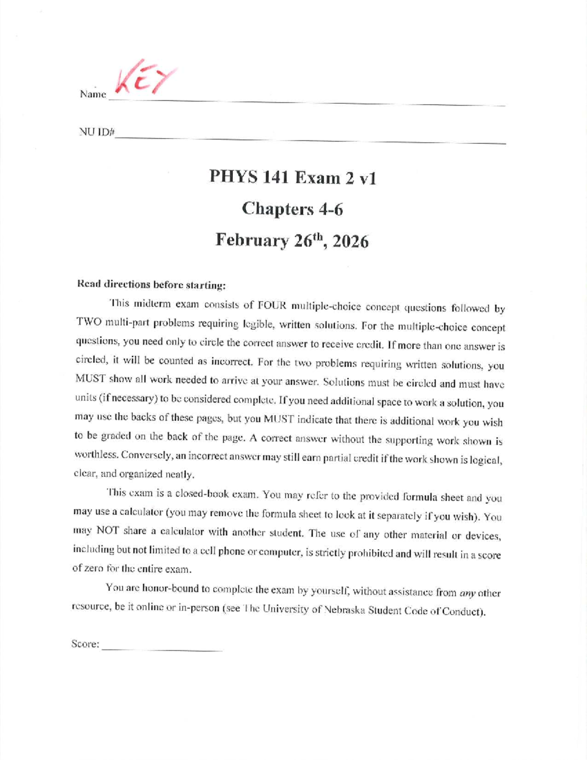 PHYS 141 Midterm Exam 2 v1 Key - Practice February 2026 - Studocu