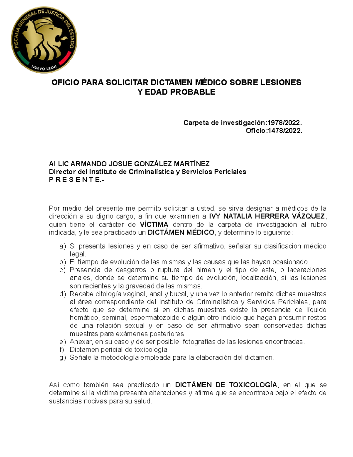Oficio Solicitud de Dictamen Médico y Toxicología - Carpeta 1978/2022
