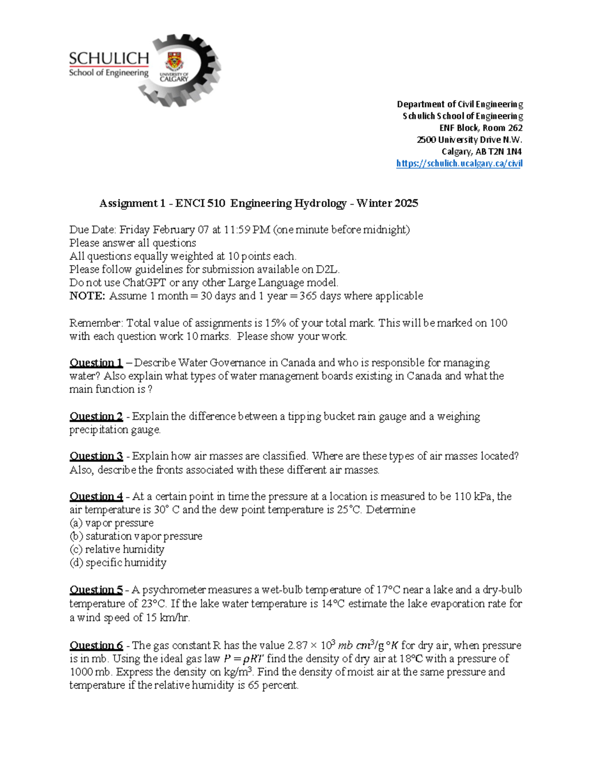 Assignment 1 ENE510 2023 - Department of Civil Engineering Schulich ...