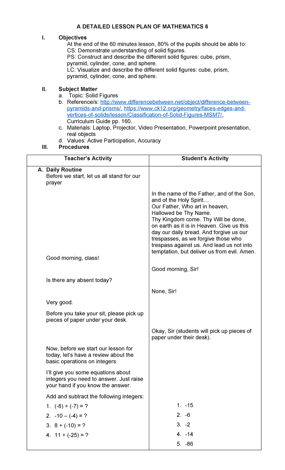Detailed Lesson Plan on Solid Figures for Mathematics 6 - Studocu