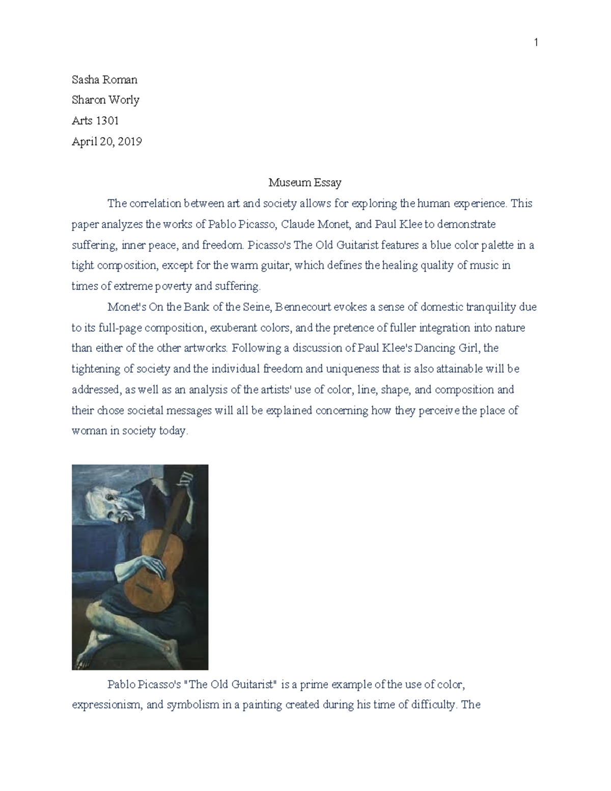 Arts 1301 Final Exam Essay: Art's Reflection on Society and Humanity ...