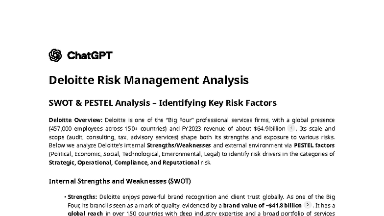 Deloitte Risk Management Analysis: SWOT & PESTEL Insights (FY2023 ...