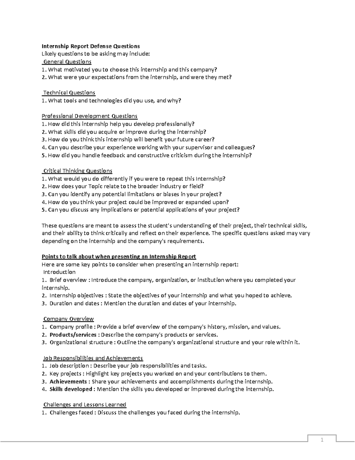 Internship Report Defense Questions and Key Presentation Points - Studocu