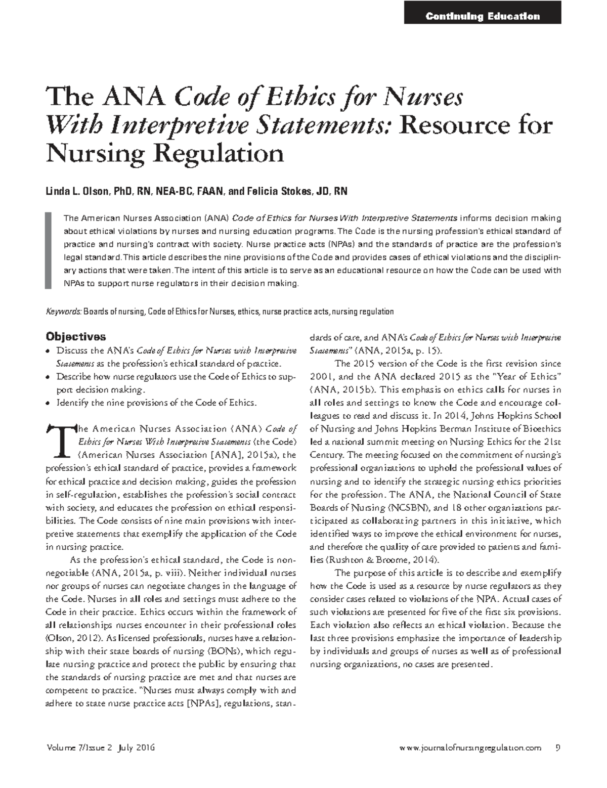 ANA Code of Ethics for Nurses: A Resource for Nursing Regulation - Studocu