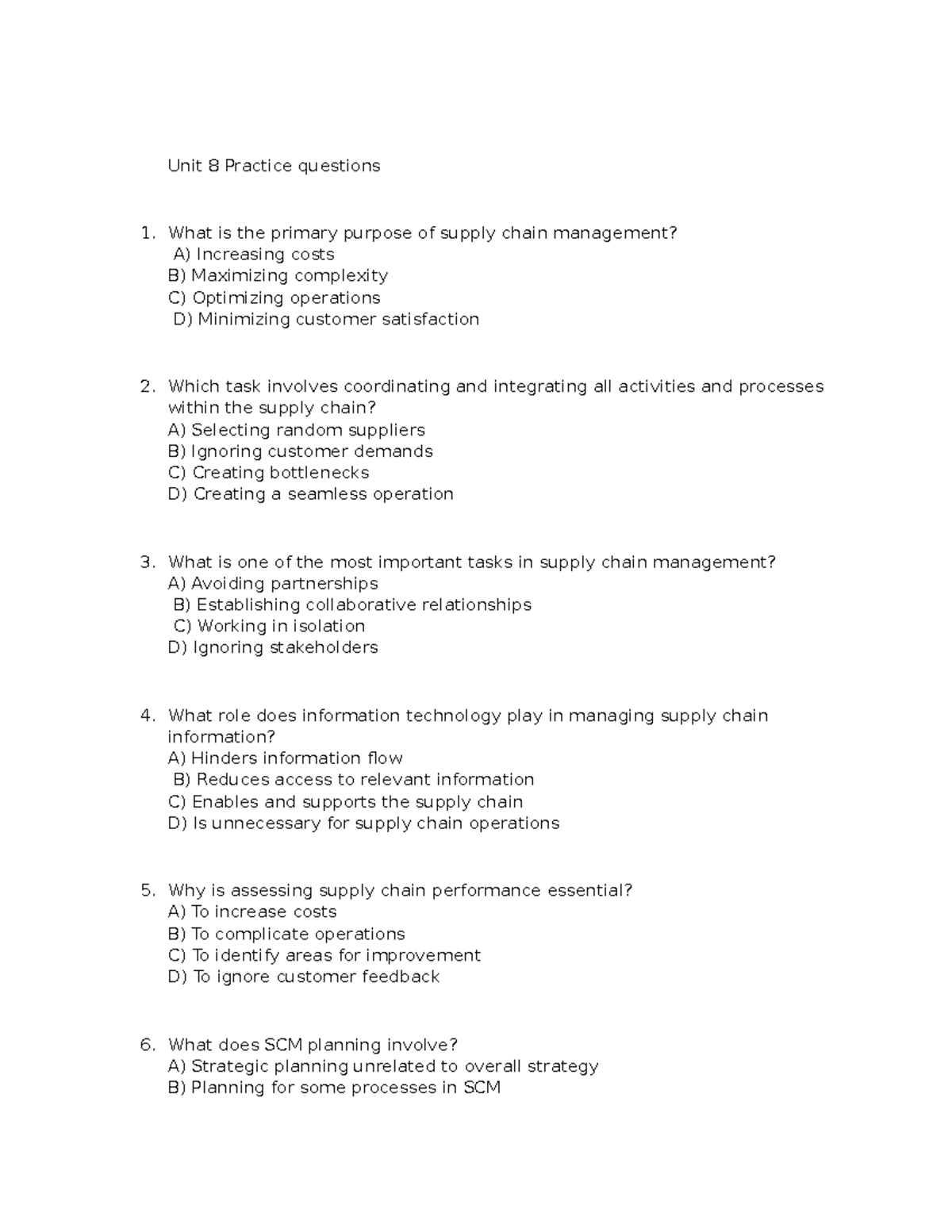 Unit 8 Supply Chain Management Practice Questions - Studocu