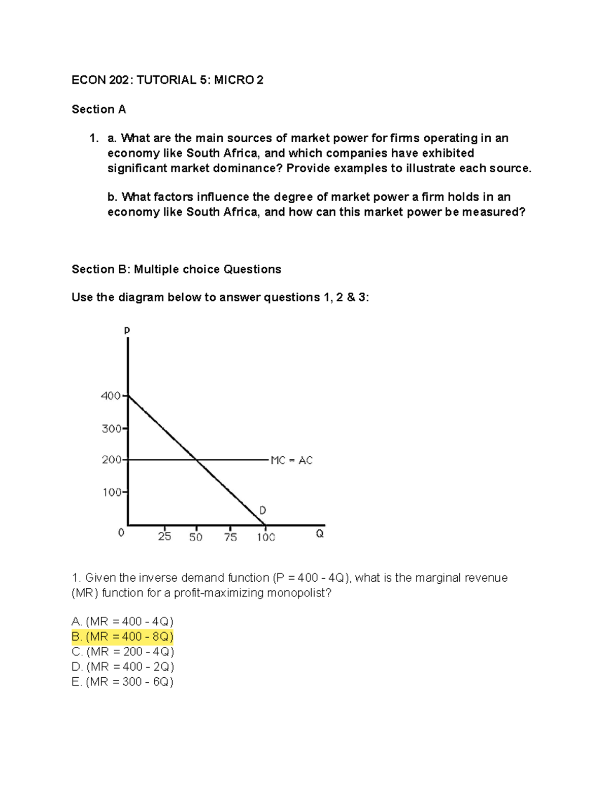 ECON 202: Tutorial 5 - Market Power & Monopoly Analysis - Studocu