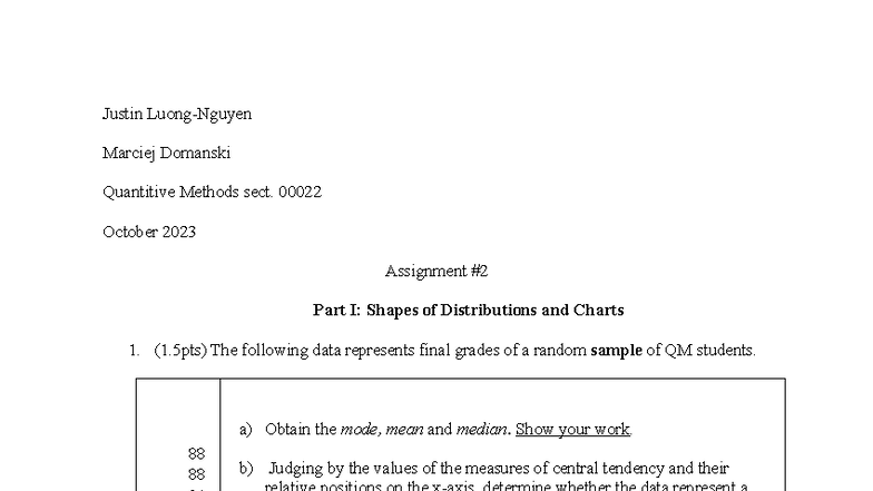 Quantitative Methods QM 2023 Assignment: Distributions & Charts ...