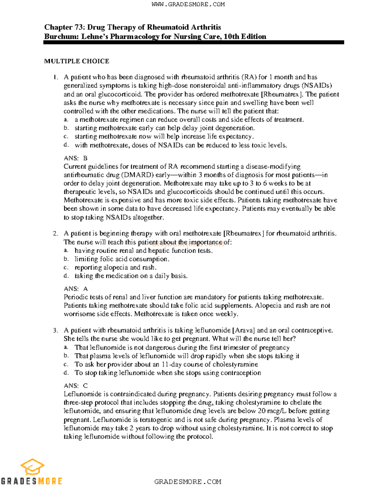 73 - Practice Questions on Drug Therapy for RA (Pharmacology) - Studocu