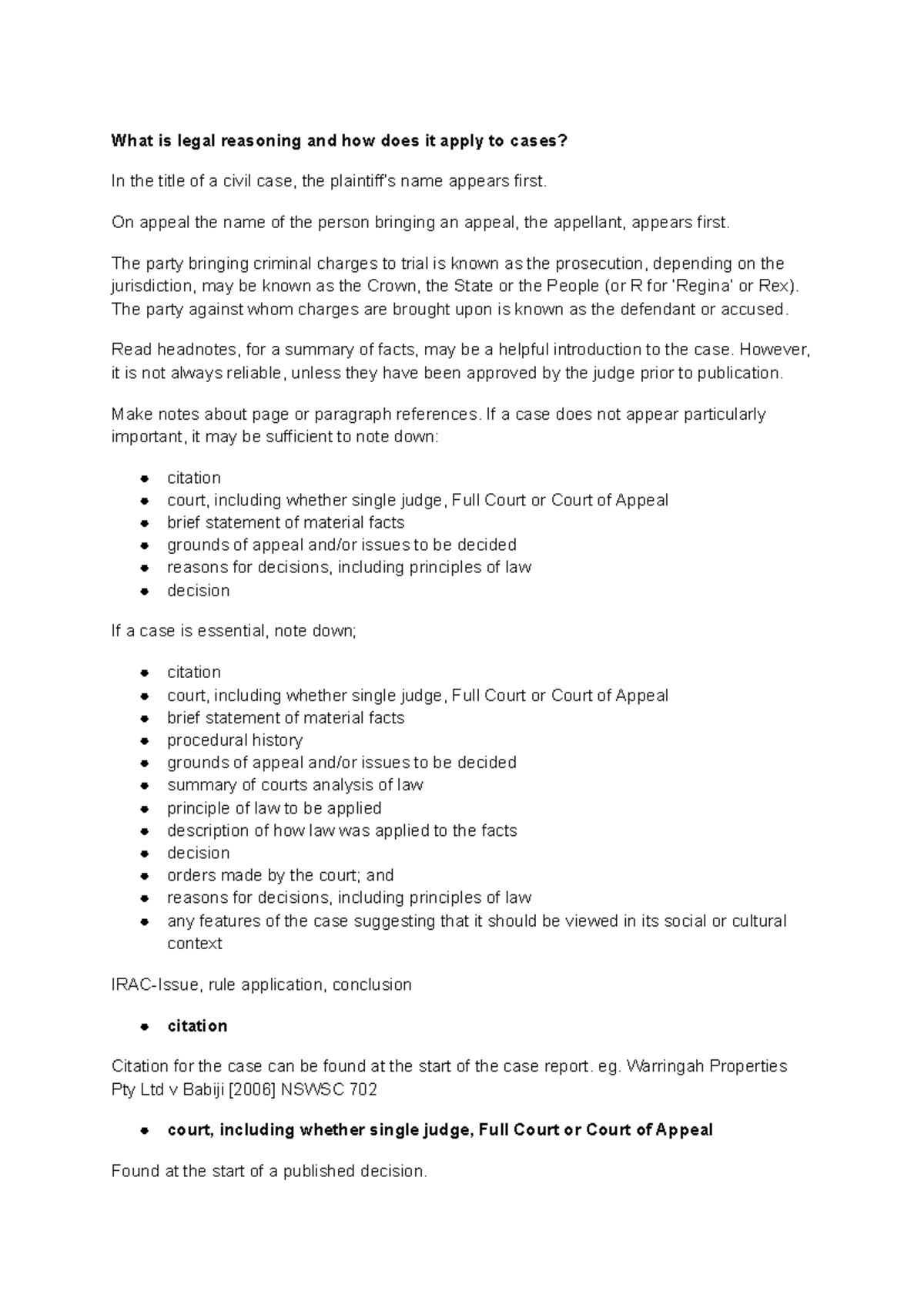 Legal Reasoning Notes for LAW1111: Understanding Case Applications ...