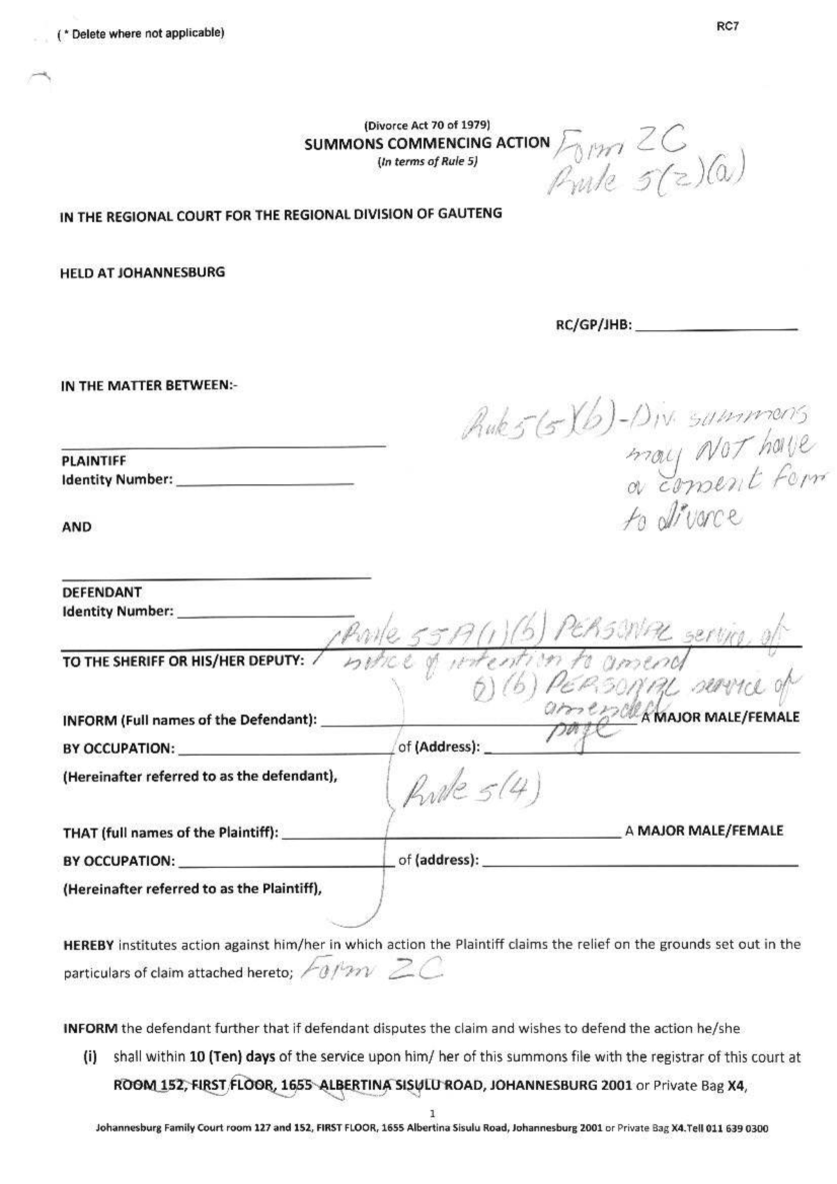 RC7 Divorce Act 70 of 1979: Summons Commencing Action Form 2C - Studocu