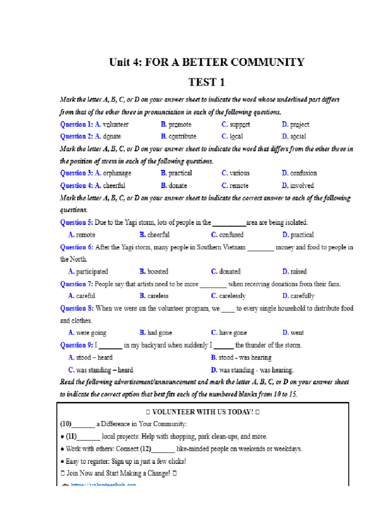 UNIT 4 - TEST 1 - Grade 10 - English Review Exercises for THPT 2018 ...