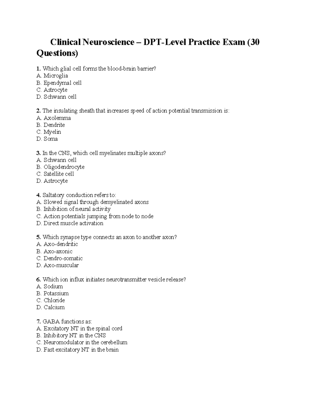 Clinical Neuroscience Practice Questions (30 Questions) - Studocu