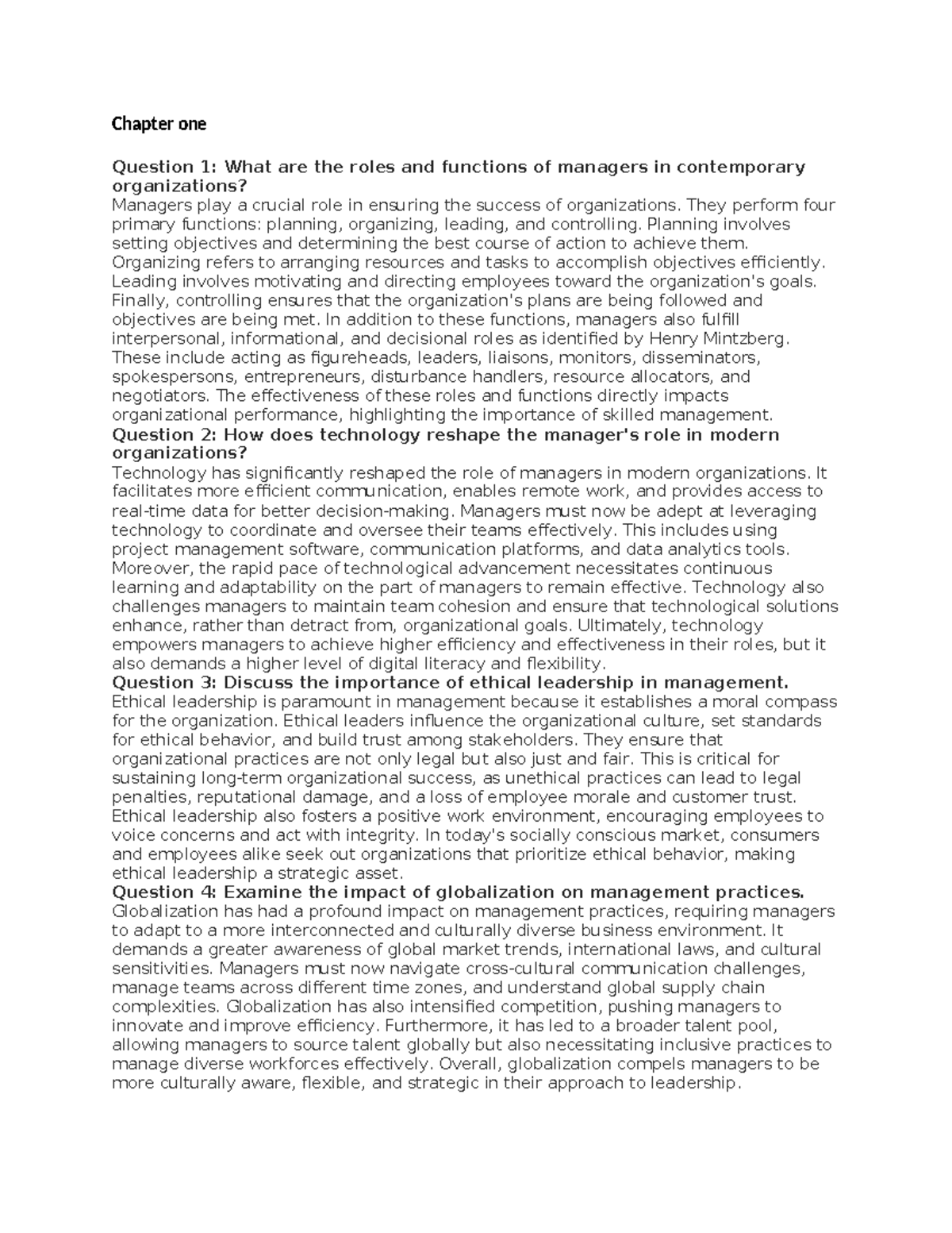 Management Functions and Roles: Chapter 1 Overview - 111 - Studocu
