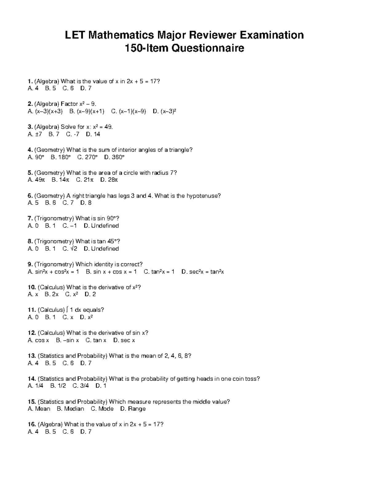 LET Mathematics Major Reviewer: Exam Questionnaire 1 (Algebra, Geometry ...
