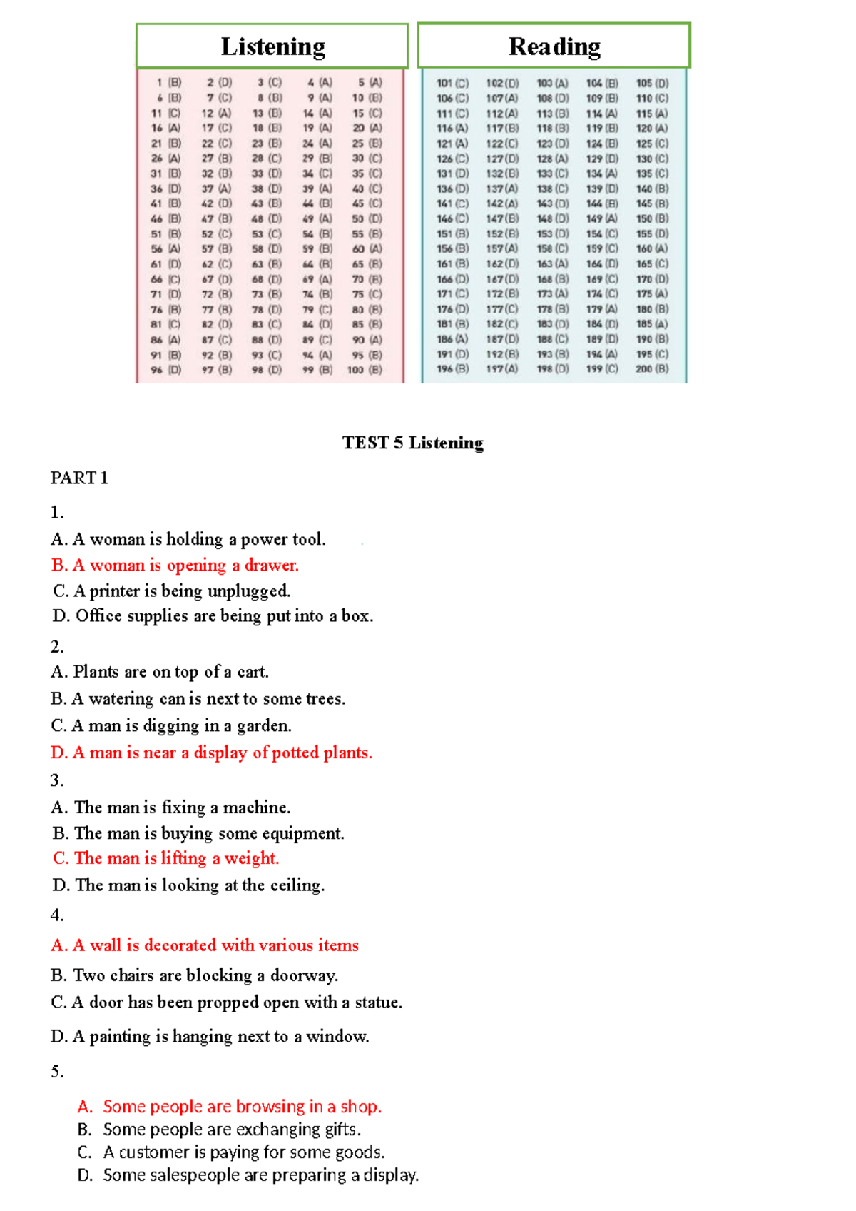 TEST 5 - Listening Comprehension Answers - Studocu