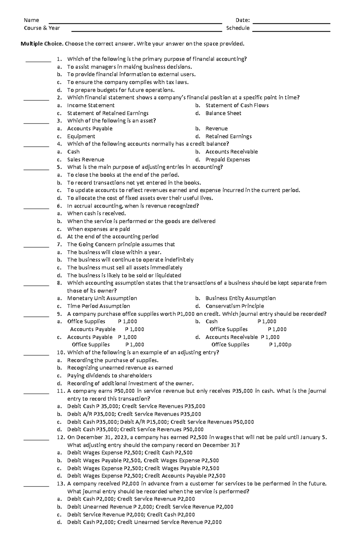 Midterm Exam - SET A: Accounting Multiple Choice Questions - Studocu