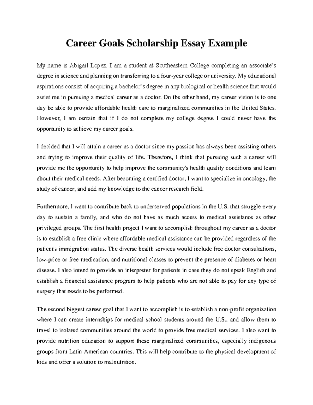 Career Goals Scholarship Essay Example: Abigail Lopez's Vision - Studocu