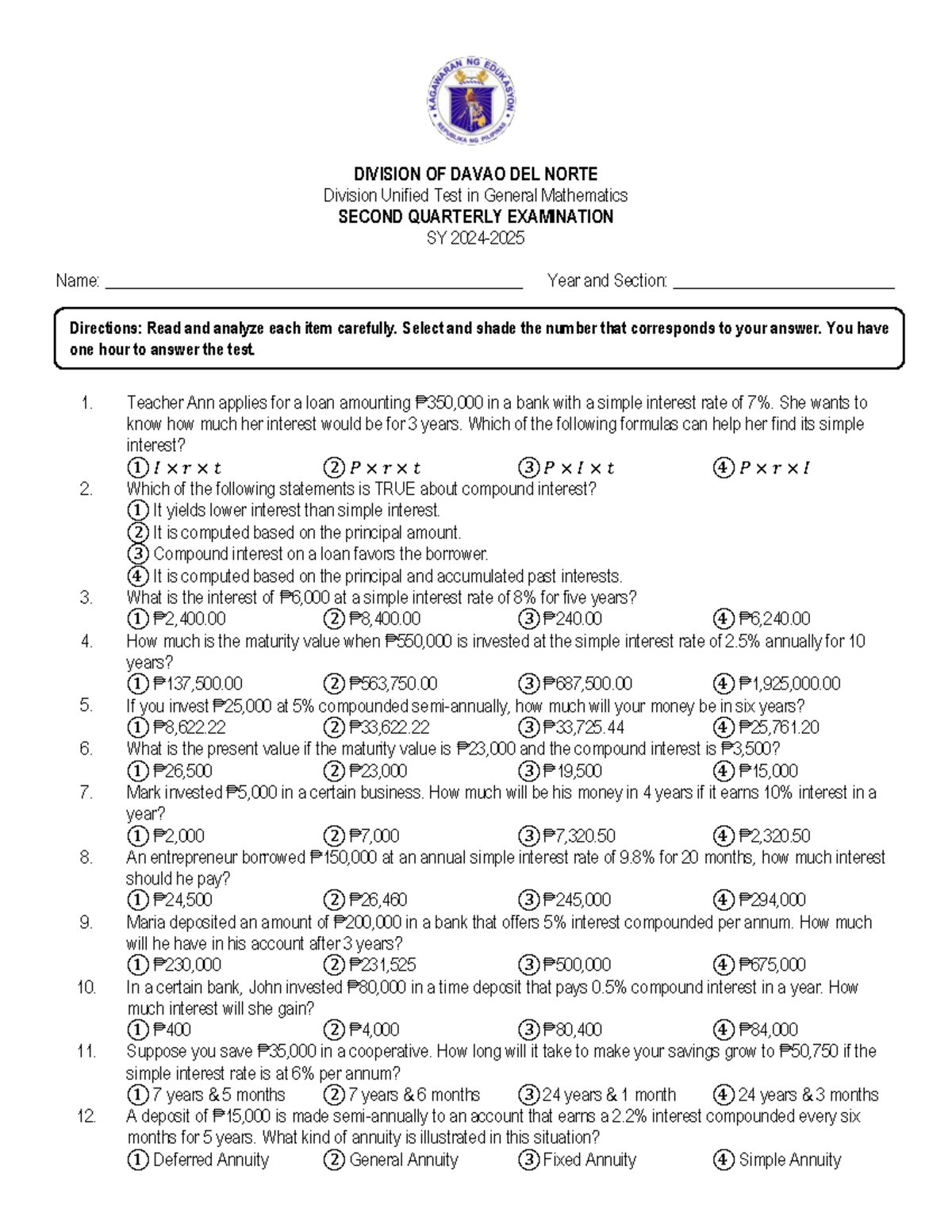 TQ Gen Math Q2 - test questionnaire - DIVISION OF DAVAO DEL NORTE ...