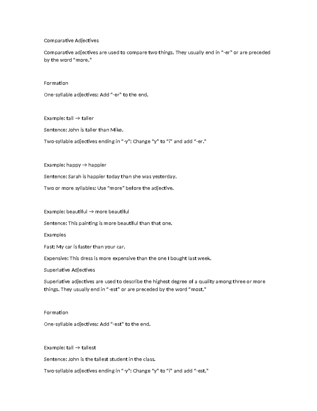 Comparative and Superlative Adjectives: A Study Guide - Studocu