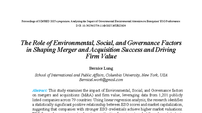 ICMRED 2025: ESG Factors in Mergers & Acquisitions and Firm Value - Studocu
